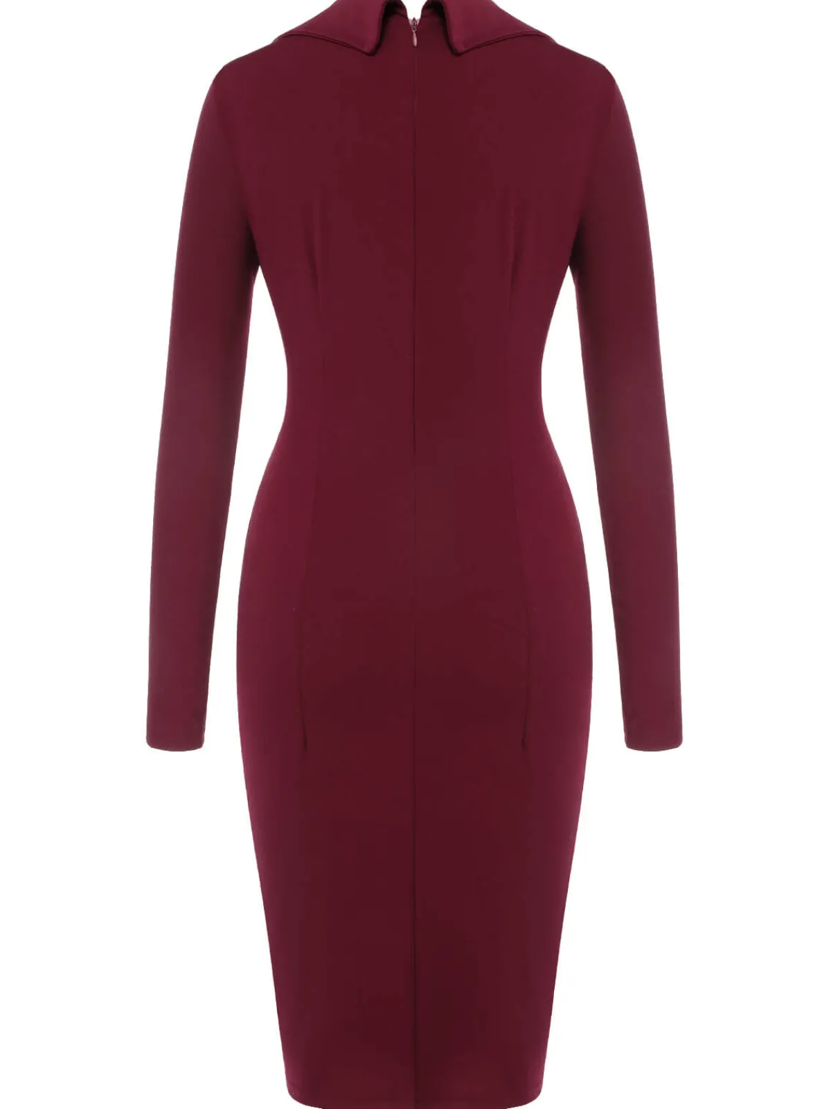 Fashion Retro Stage 1940s Solid Long Sleeved Lapel Dress Purplish Red