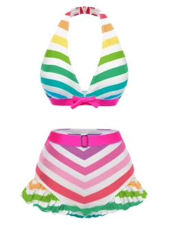 Best Retro Stage Rainbow 1950s Contrast Bow Ruffle Stripes Bikini