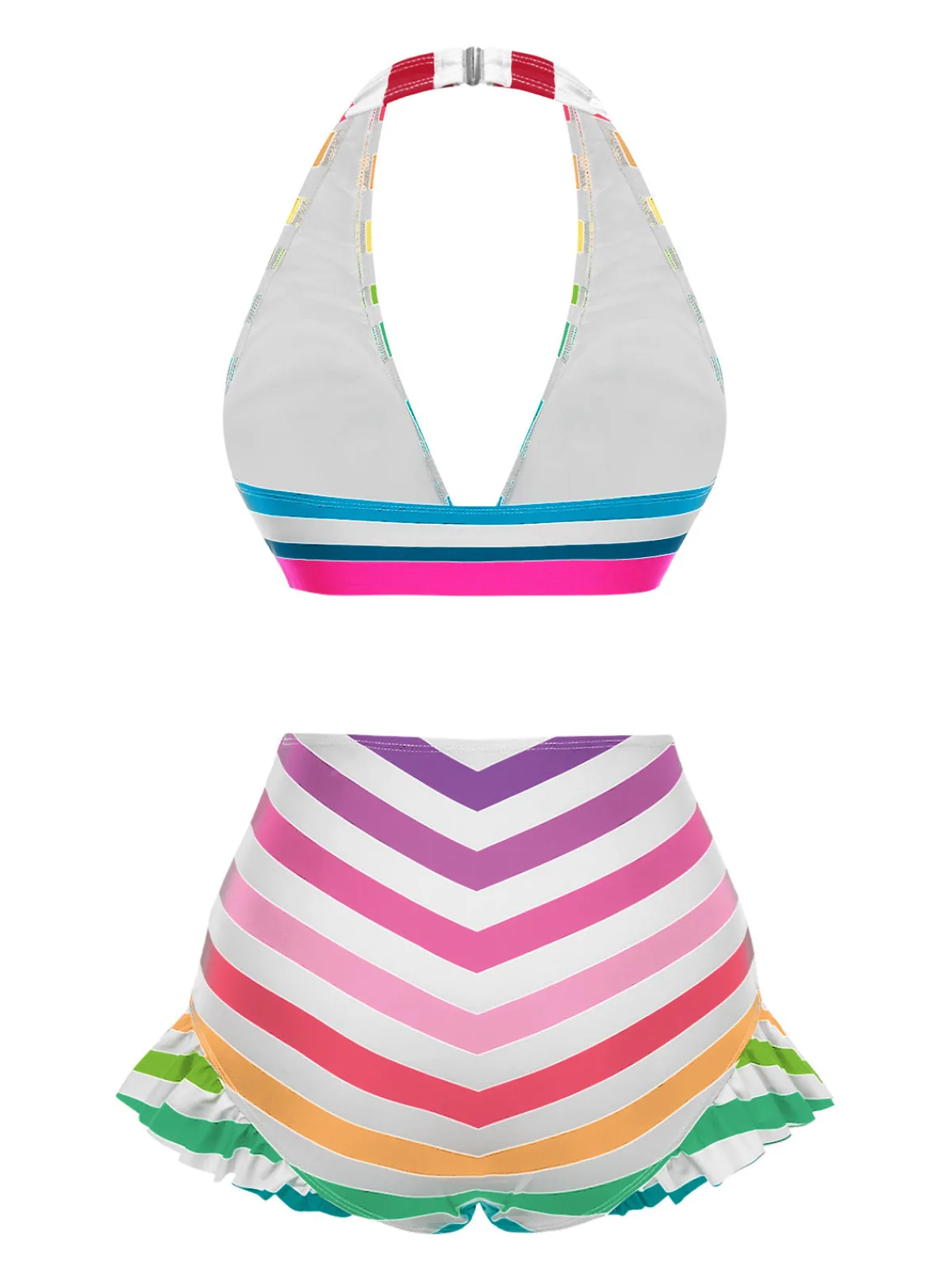 Best Retro Stage Rainbow 1950s Contrast Bow Ruffle Stripes Bikini