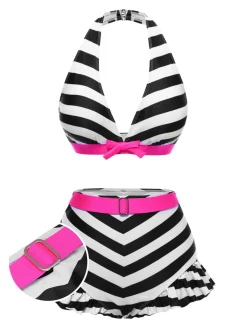 Best Retro Stage Rainbow 1950s Contrast Bow Ruffle Stripes Bikini