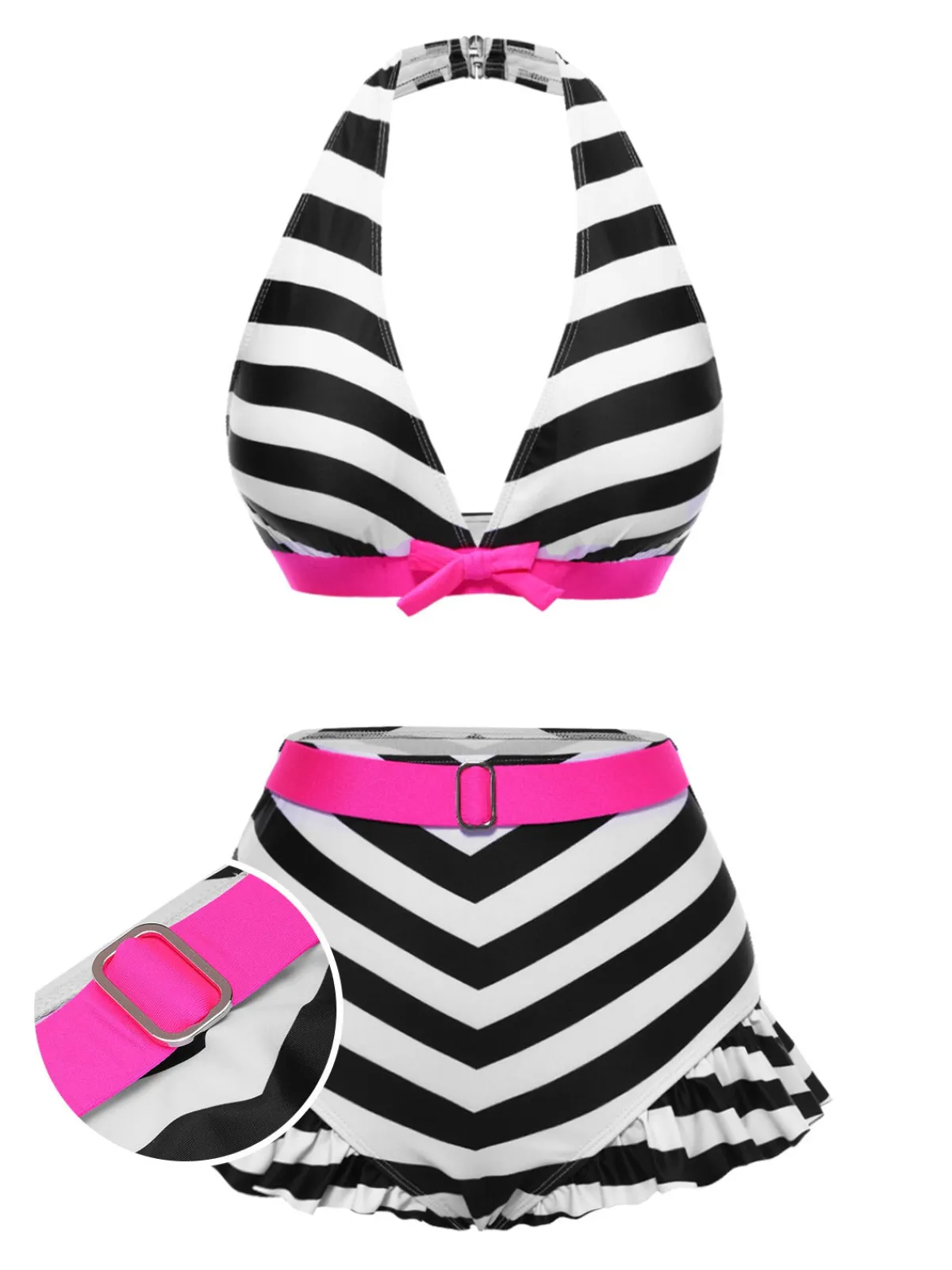 Best Retro Stage Rainbow 1950s Contrast Bow Ruffle Stripes Bikini