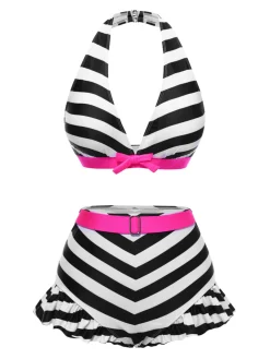 Best Retro Stage Rainbow 1950s Contrast Bow Ruffle Stripes Bikini