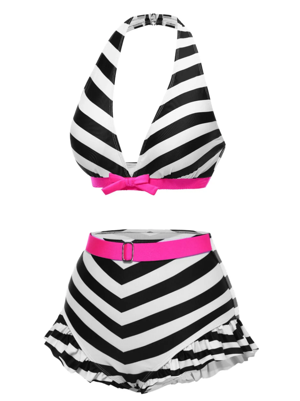 Best Retro Stage Rainbow 1950s Contrast Bow Ruffle Stripes Bikini
