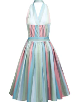 Discount Retro Stage 1950s Stripe Pocket Swing Dress Rainbow