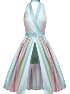 Discount Retro Stage 1950s Stripe Pocket Swing Dress Rainbow