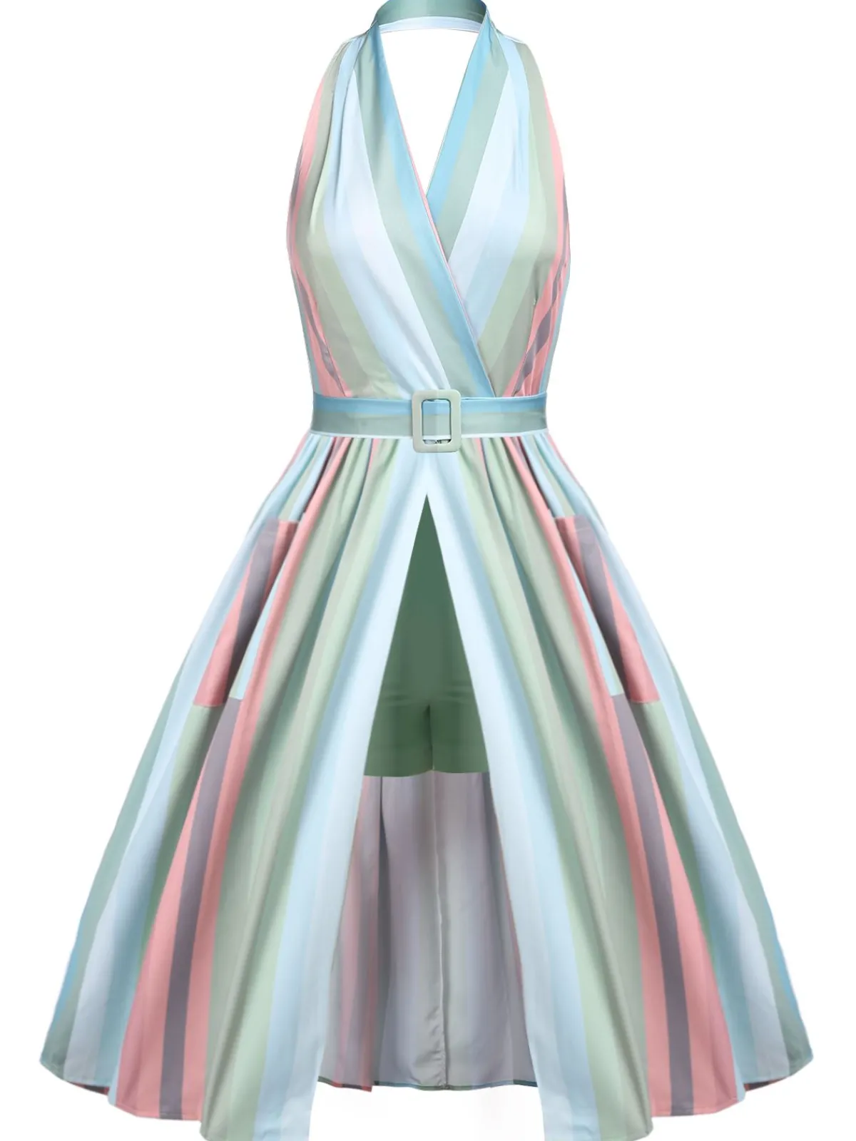 Discount Retro Stage 1950s Stripe Pocket Swing Dress Rainbow