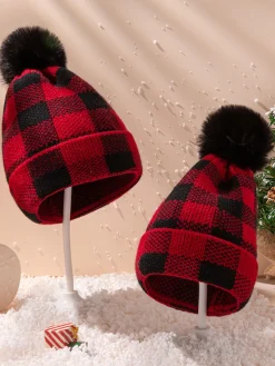 Hot Retro Stage Red & Black Plaid Hairball Knitted Child Hat