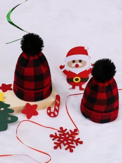 Hot Retro Stage Red & Black Plaid Hairball Knitted Child Hat