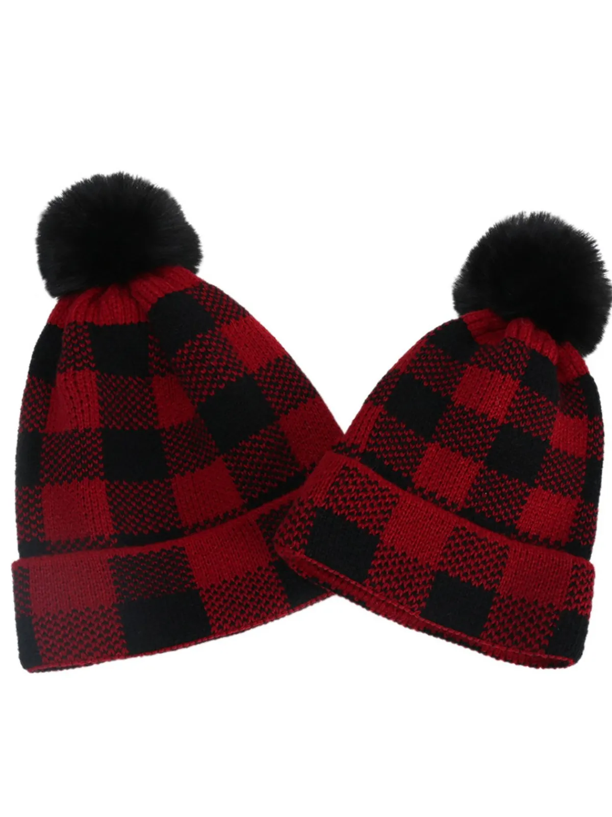 Hot Retro Stage Red & Black Plaid Hairball Knitted Child Hat