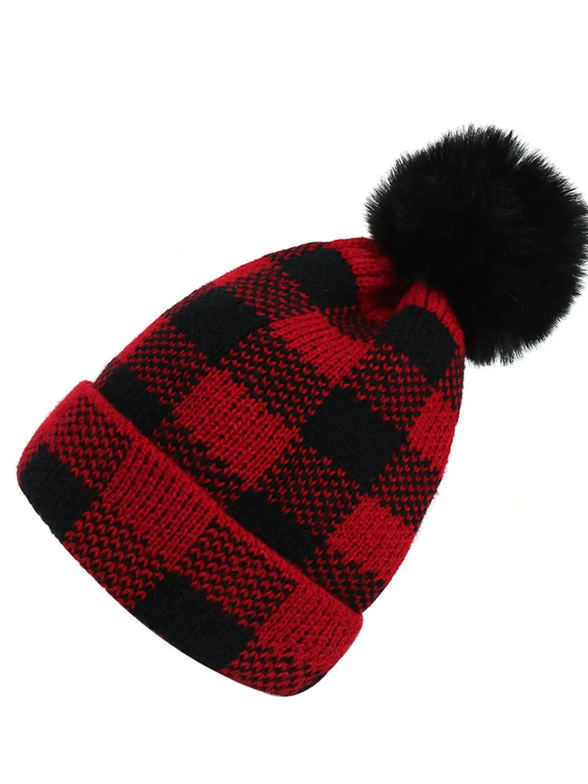 Hot Retro Stage Red & Black Plaid Hairball Knitted Child Hat