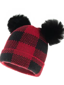 Sale Retro Stage Red & Black Plaid Hairball Knitted Parent Hat