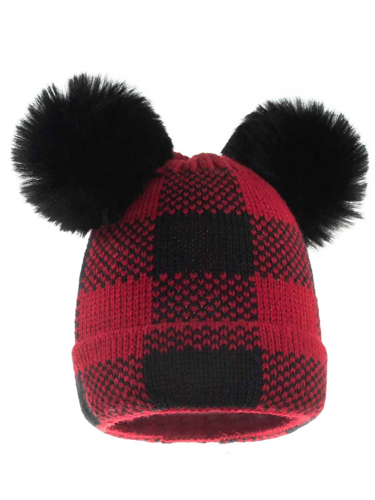 Sale Retro Stage Red & Black Plaid Hairball Knitted Parent Hat