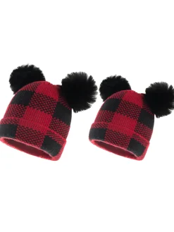 Sale Retro Stage Red & Black Plaid Hairball Knitted Parent Hat