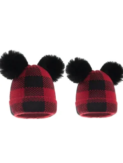Sale Retro Stage Red & Black Plaid Hairball Knitted Parent Hat