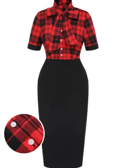 Clearance Retro Stage 1960s Plaid Bow Collar Pencil Dress Red & Black