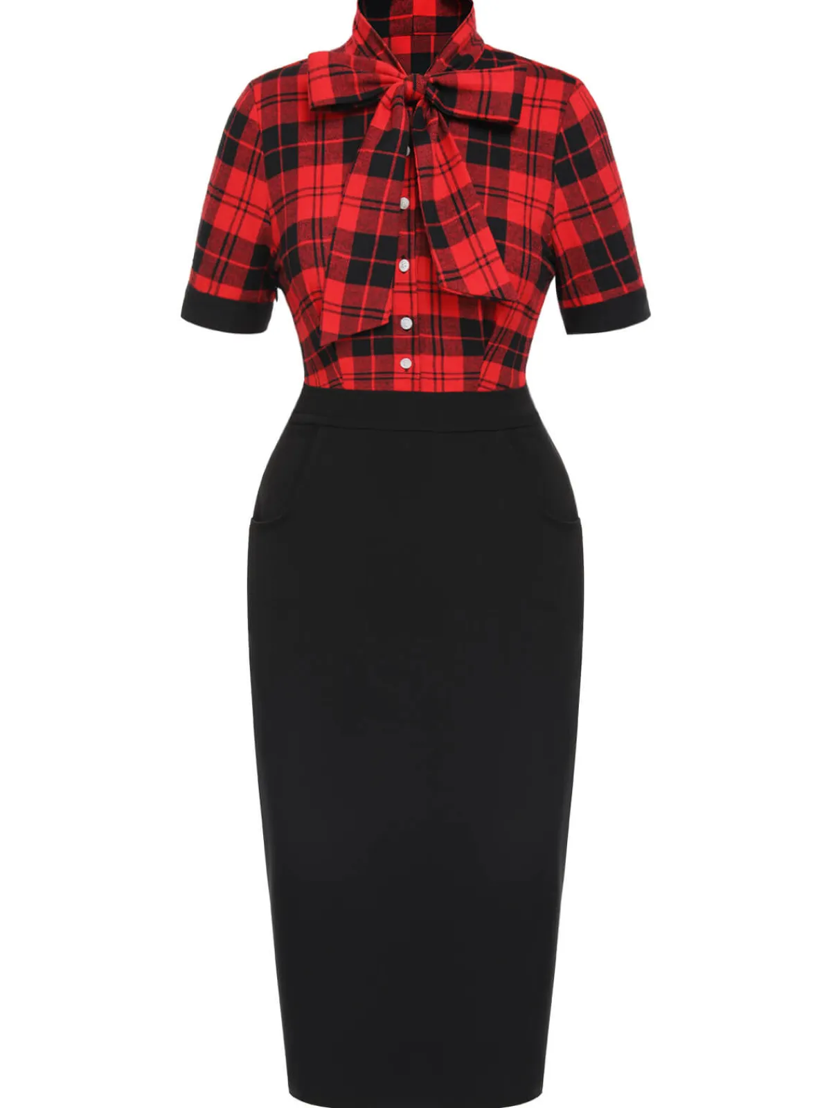 Clearance Retro Stage 1960s Plaid Bow Collar Pencil Dress Red & Black