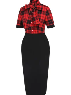 Clearance Retro Stage 1960s Plaid Bow Collar Pencil Dress Red & Black
