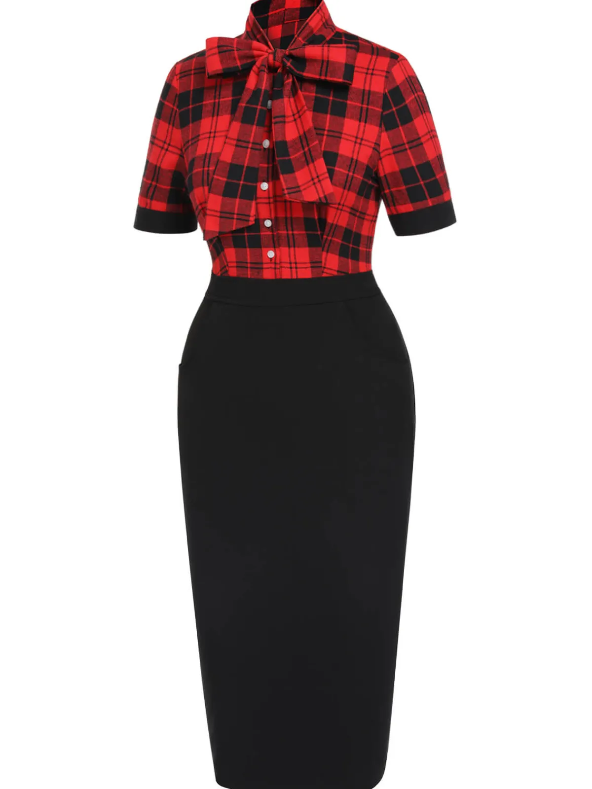 Clearance Retro Stage 1960s Plaid Bow Collar Pencil Dress Red & Black