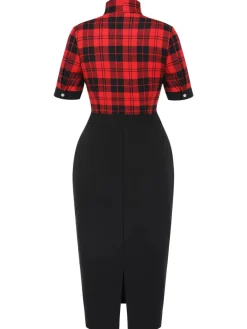 Clearance Retro Stage 1960s Plaid Bow Collar Pencil Dress Red & Black