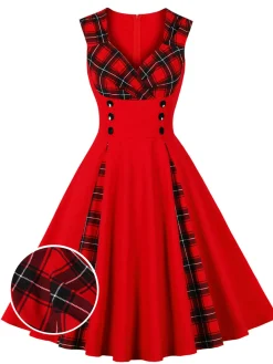 Fashion Retro Stage Red & Black 1950s Plaid V-Neck Dress