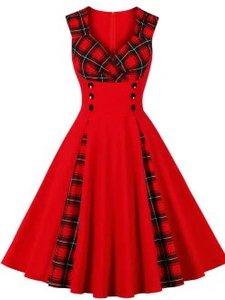 Fashion Retro Stage Red & Black 1950s Plaid V-Neck Dress