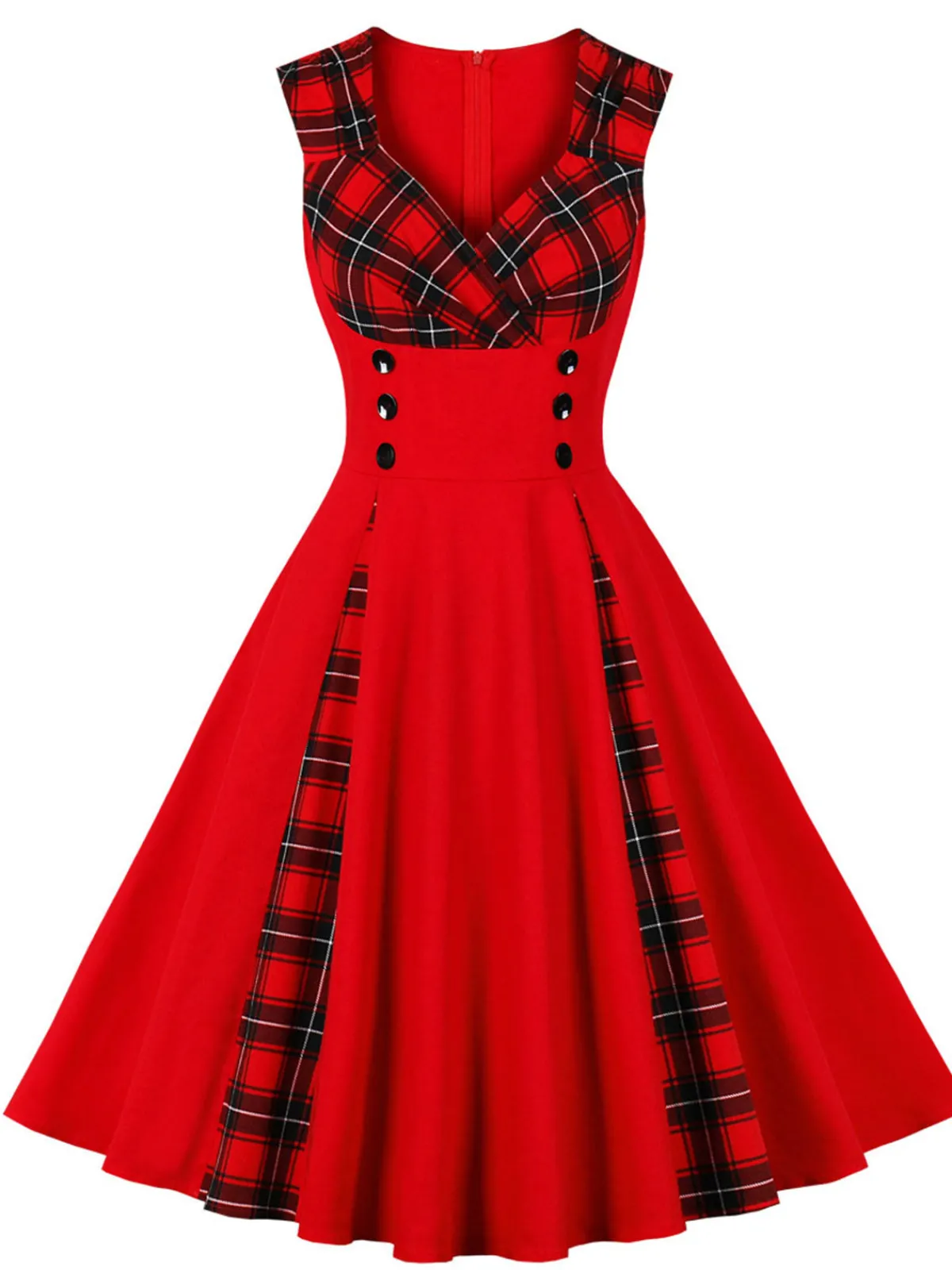 Fashion Retro Stage Red & Black 1950s Plaid V-Neck Dress