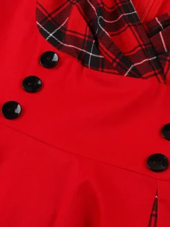 Fashion Retro Stage Red & Black 1950s Plaid V-Neck Dress