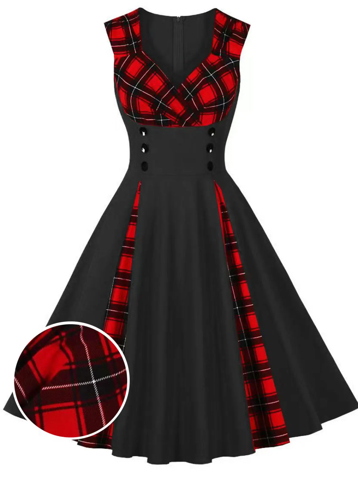 Fashion Retro Stage Red & Black 1950s Plaid V-Neck Dress