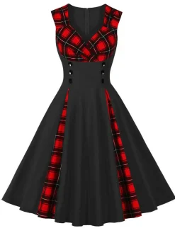 Fashion Retro Stage Red & Black 1950s Plaid V-Neck Dress