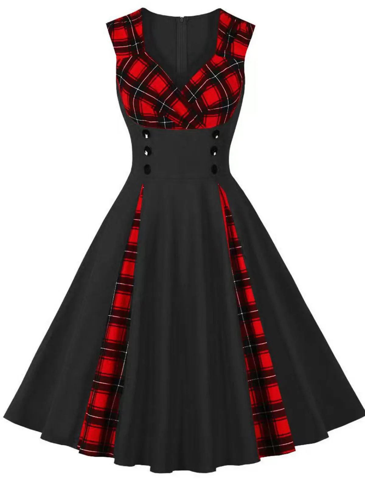 Fashion Retro Stage Red & Black 1950s Plaid V-Neck Dress