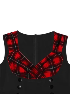 Fashion Retro Stage Red & Black 1950s Plaid V-Neck Dress