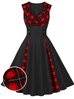 Sale Retro Stage Red & Black 1950s Plaid V-Neck Dress