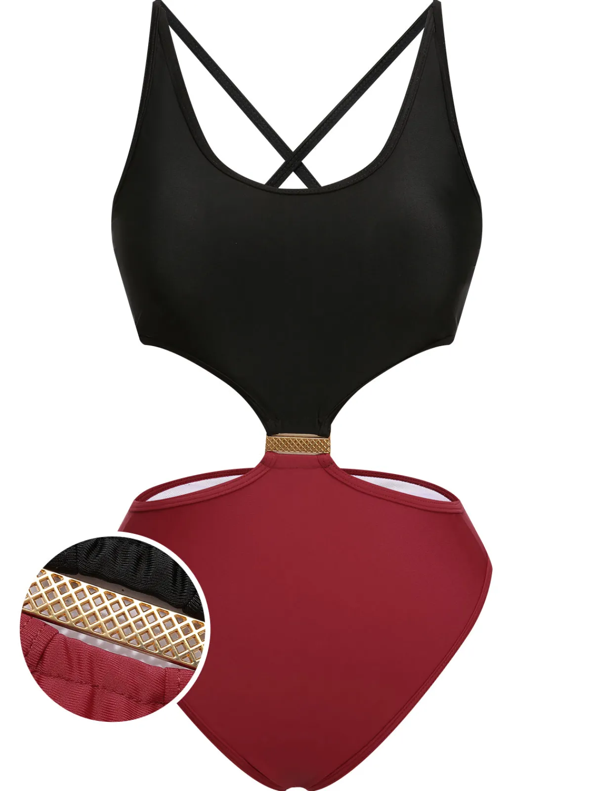 New Retro Stage 1950s Solid Patchwork Lace Up Swimsuit Red & Black