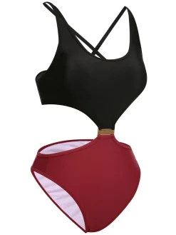 New Retro Stage 1950s Solid Patchwork Lace Up Swimsuit Red & Black