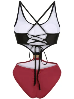 New Retro Stage 1950s Solid Patchwork Lace Up Swimsuit Red & Black
