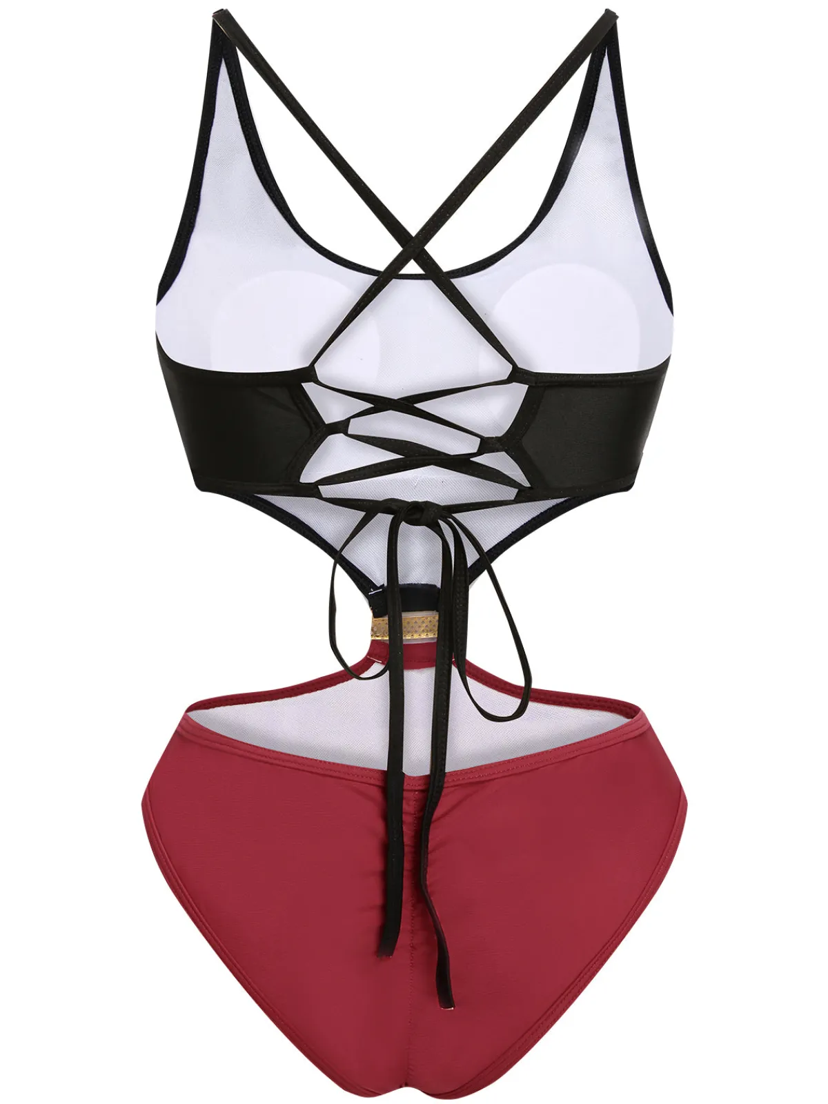 New Retro Stage 1950s Solid Patchwork Lace Up Swimsuit Red & Black