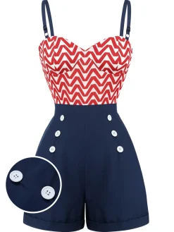 New Retro Stage Red & Blue 1950s Chevron Stripe Strap Romper Dark Blue