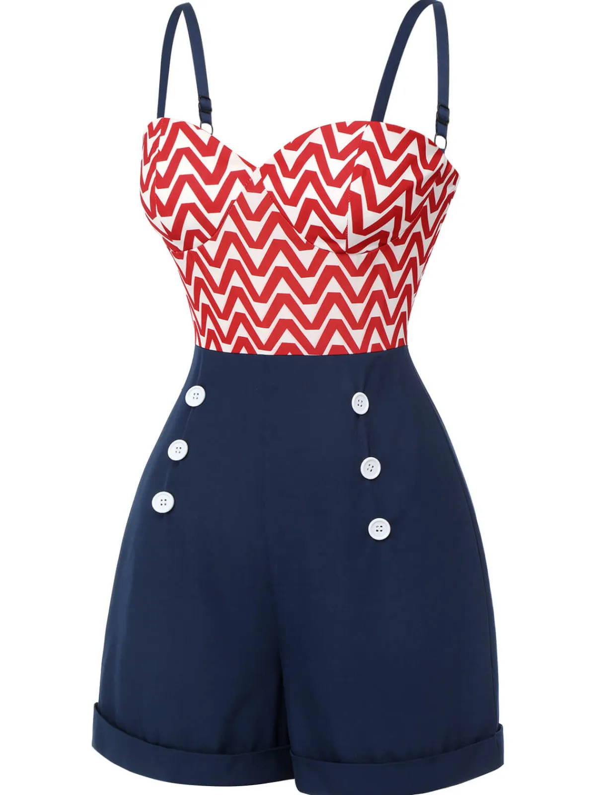 New Retro Stage Red & Blue 1950s Chevron Stripe Strap Romper Dark Blue
