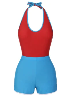 Hot Retro Stage 1930s Solid Patchwork Swimsuit Set Red & Blue