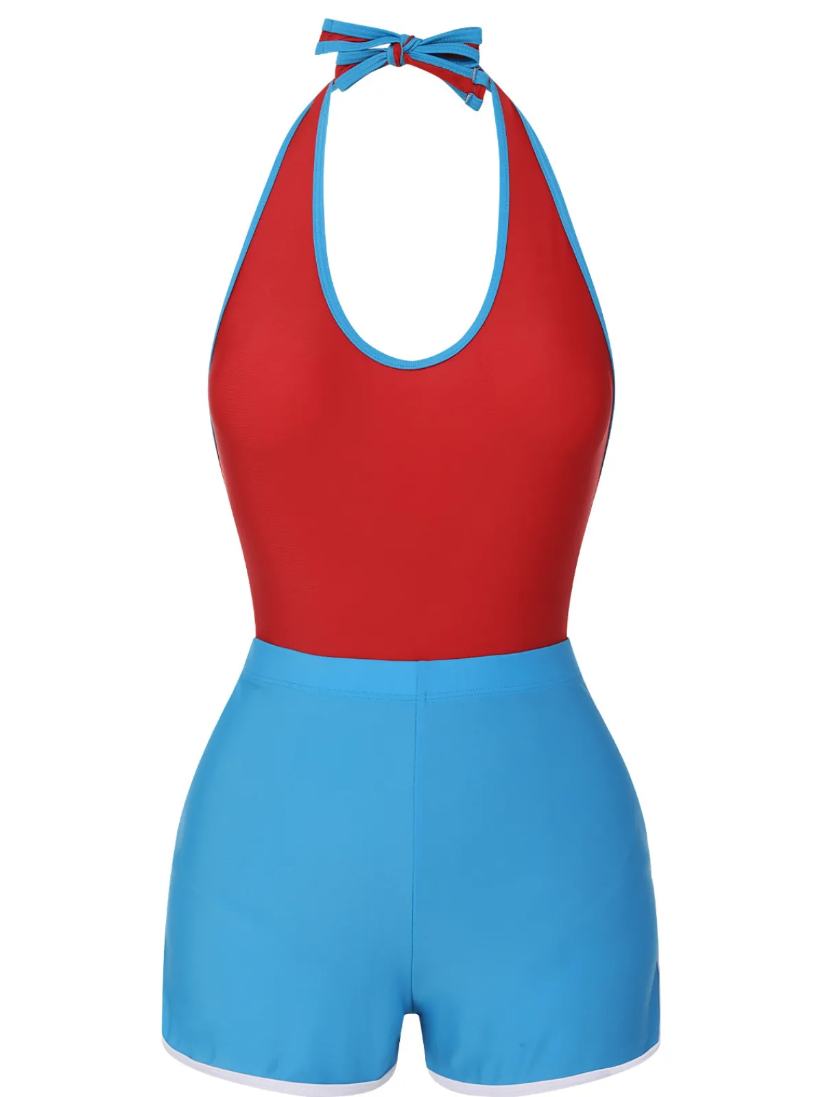 Hot Retro Stage 1930s Solid Patchwork Swimsuit Set Red & Blue
