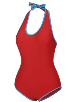 Hot Retro Stage 1930s Solid Patchwork Swimsuit Set Red & Blue