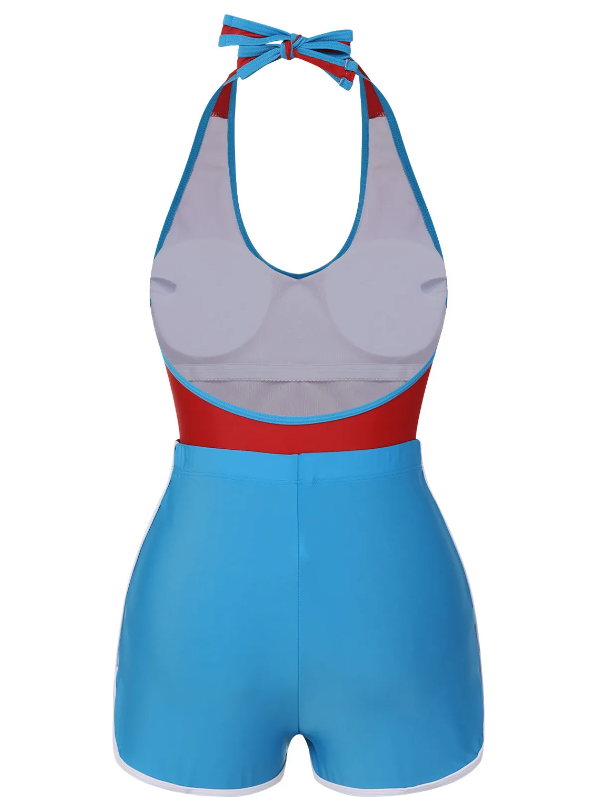 Hot Retro Stage 1930s Solid Patchwork Swimsuit Set Red & Blue