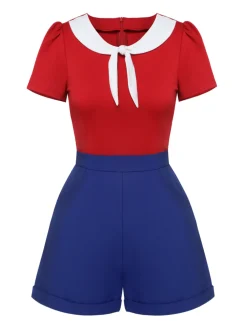 Hot Retro Stage & Blue 1950s Solid Tie Romper Red