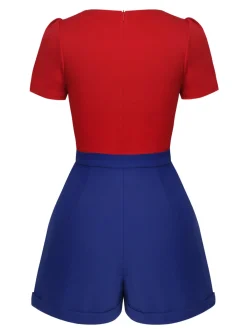 Hot Retro Stage & Blue 1950s Solid Tie Romper Red
