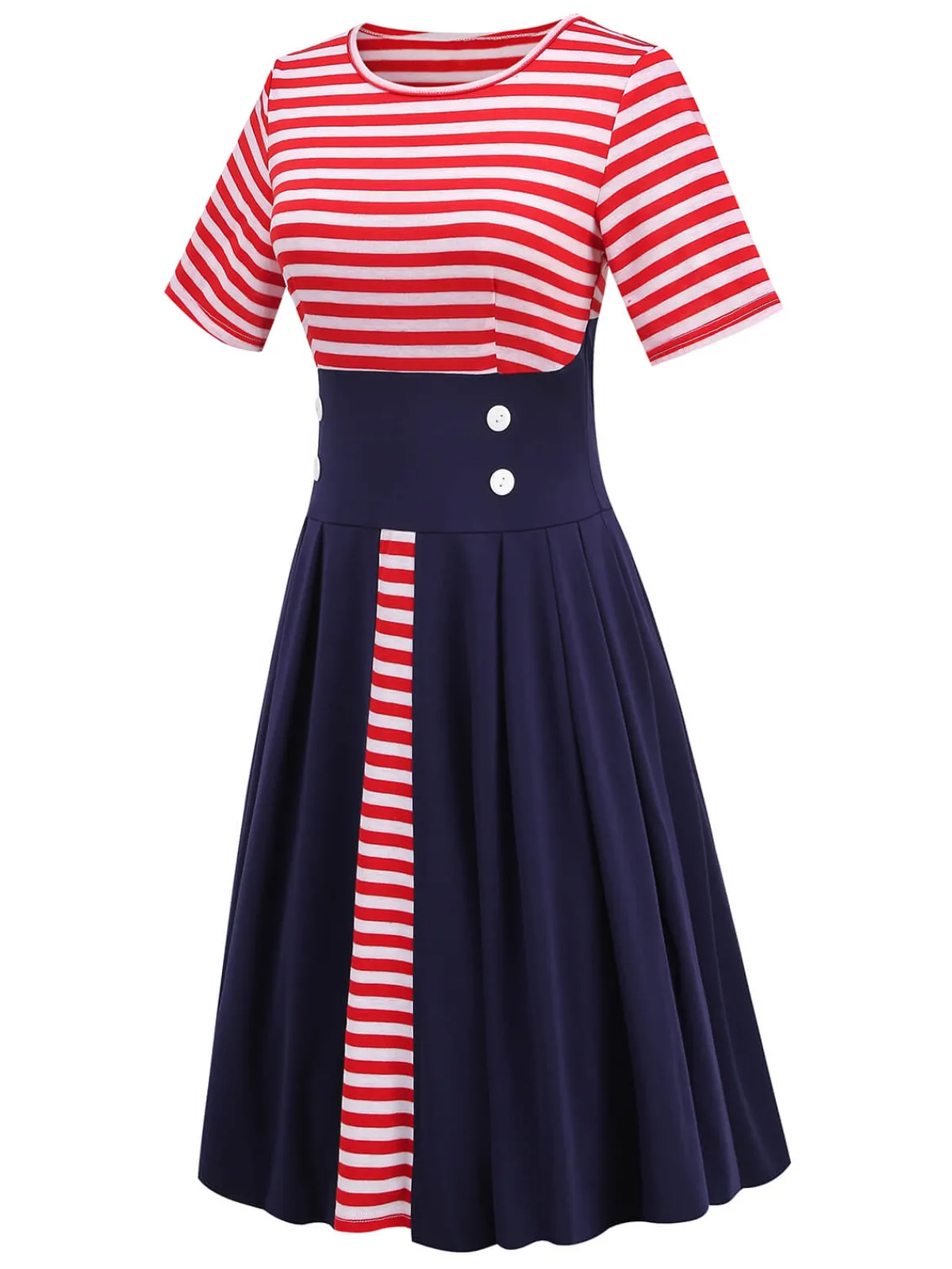 Clearance Retro Stage 1970s Stripe Patchwork Swing Dress Red & Blue