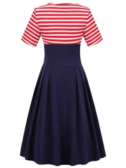 Clearance Retro Stage 1970s Stripe Patchwork Swing Dress Red & Blue