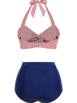 New Retro Stage Red & Blue 1940s Striped Halter Swimsuit Set