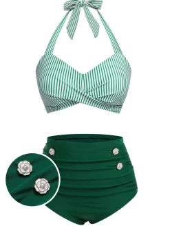 New Retro Stage Red & Blue 1940s Striped Halter Swimsuit Set