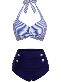 New Retro Stage Red & Blue 1940s Striped Halter Swimsuit Set