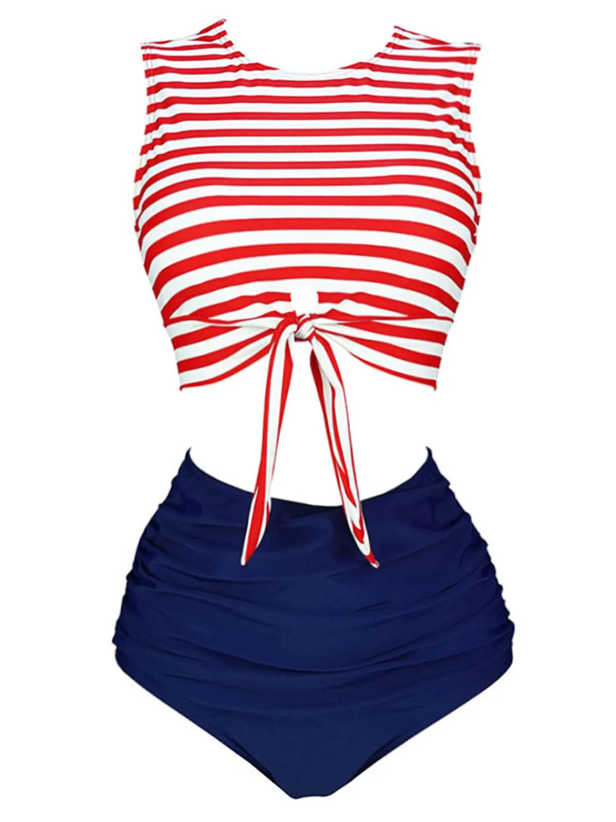 Clearance Retro Stage Red & Blue 1970s Striped Waist Tie Patchwork Swimsuit